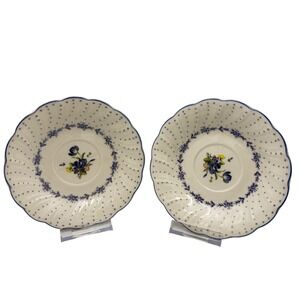 Vtg Nikko Blue Peony Japan Floral Polka Dot Scalloped Rim Saucers Set of 2